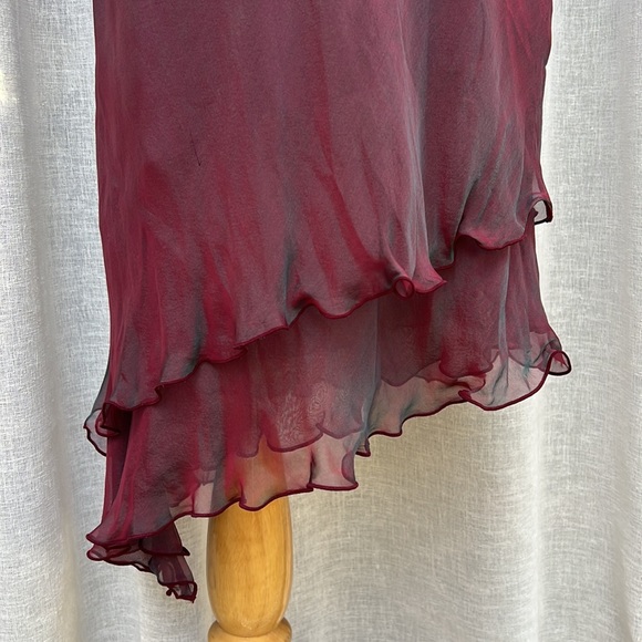 Miller Shor burgundy color shiny silk slip on dress with layered ruffles. - Picture 3 of 9